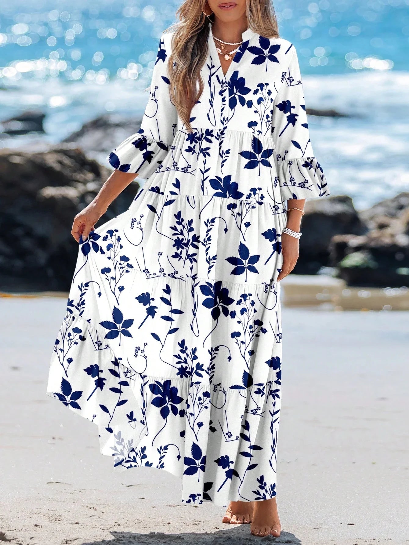 Women's Blue White Floral V-Neck Pleated Long Sleeve Maxi Dress Beach Vacation Summer