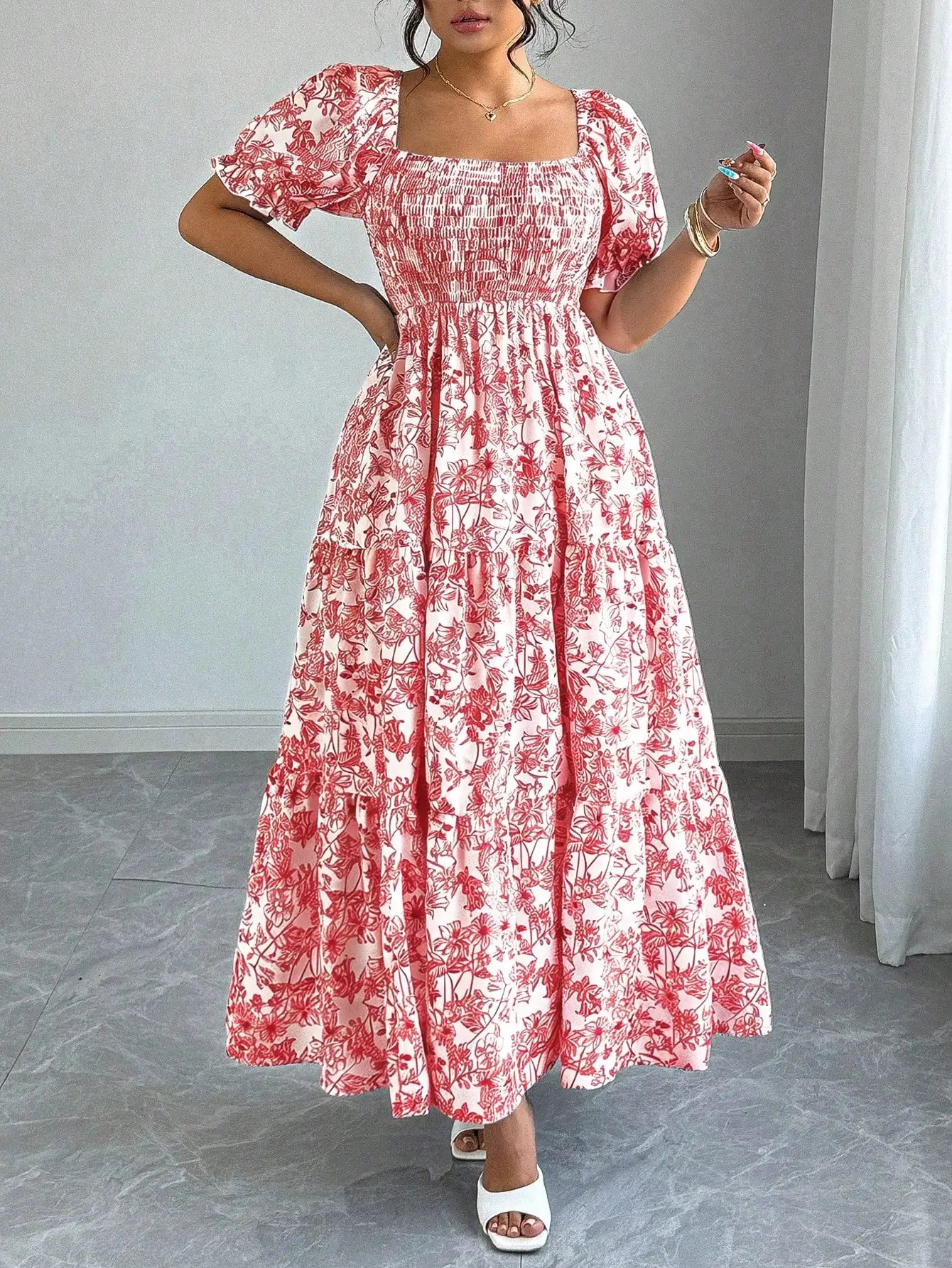 Elegant Square Neck Puff Sleeve Tiered Floral Maxi Dress