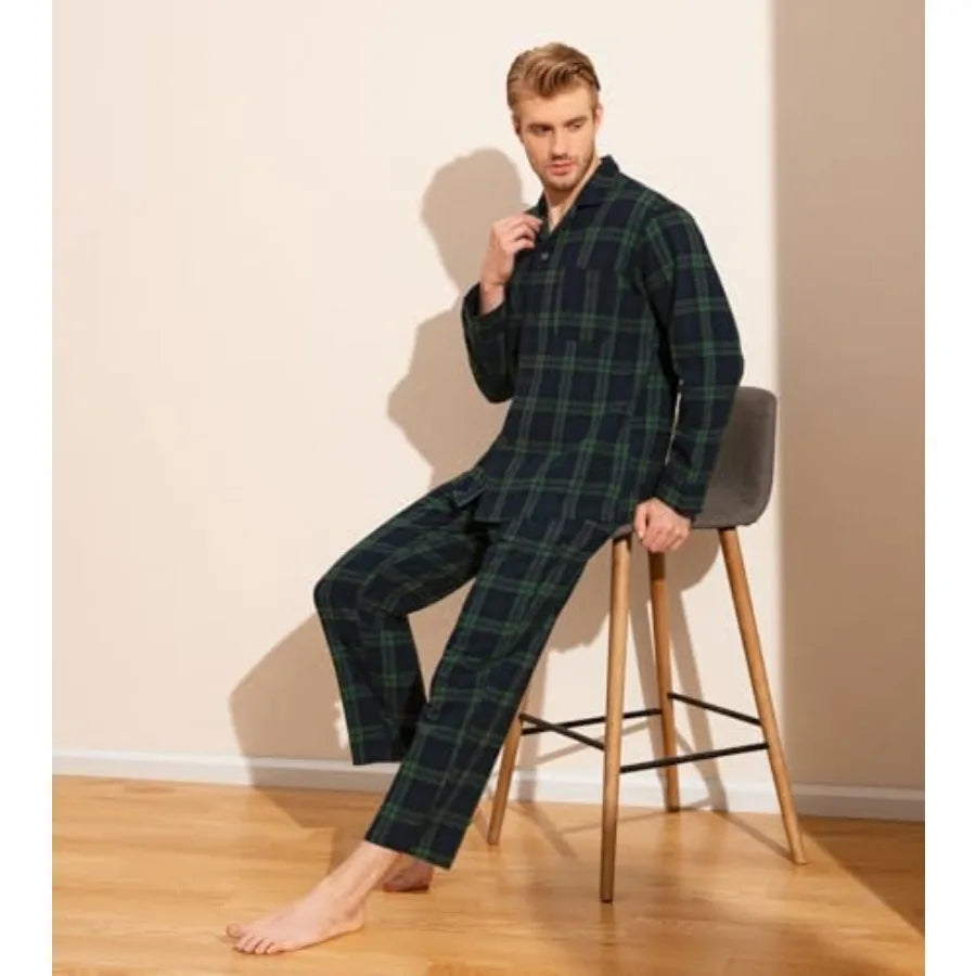 Men's Pajama Set 100% Cotton Flannel Top Long Sleeve and Bottom Pants Plaid Sleepwear PJ Sleepwear Lounge Comfy M79/M95