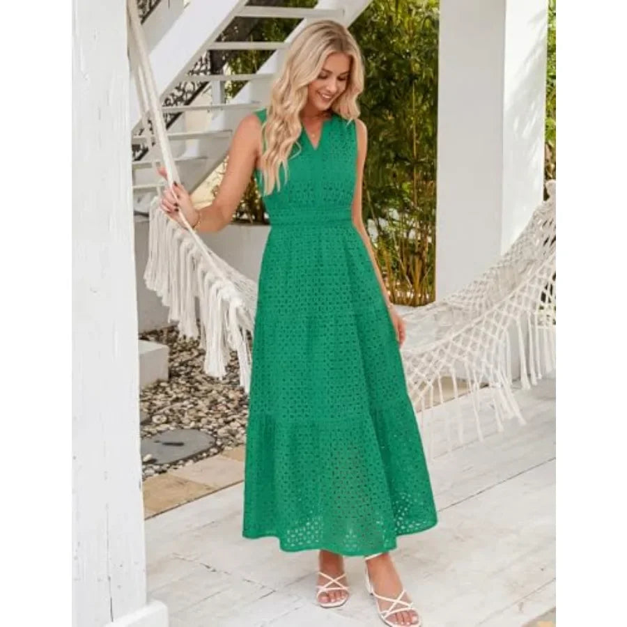 ZESICA Women's 2026 Summer Sleeveless Maxi Dress Casual V Neck Hollow Out Eyelet A Line Flowy Party Long Dresses