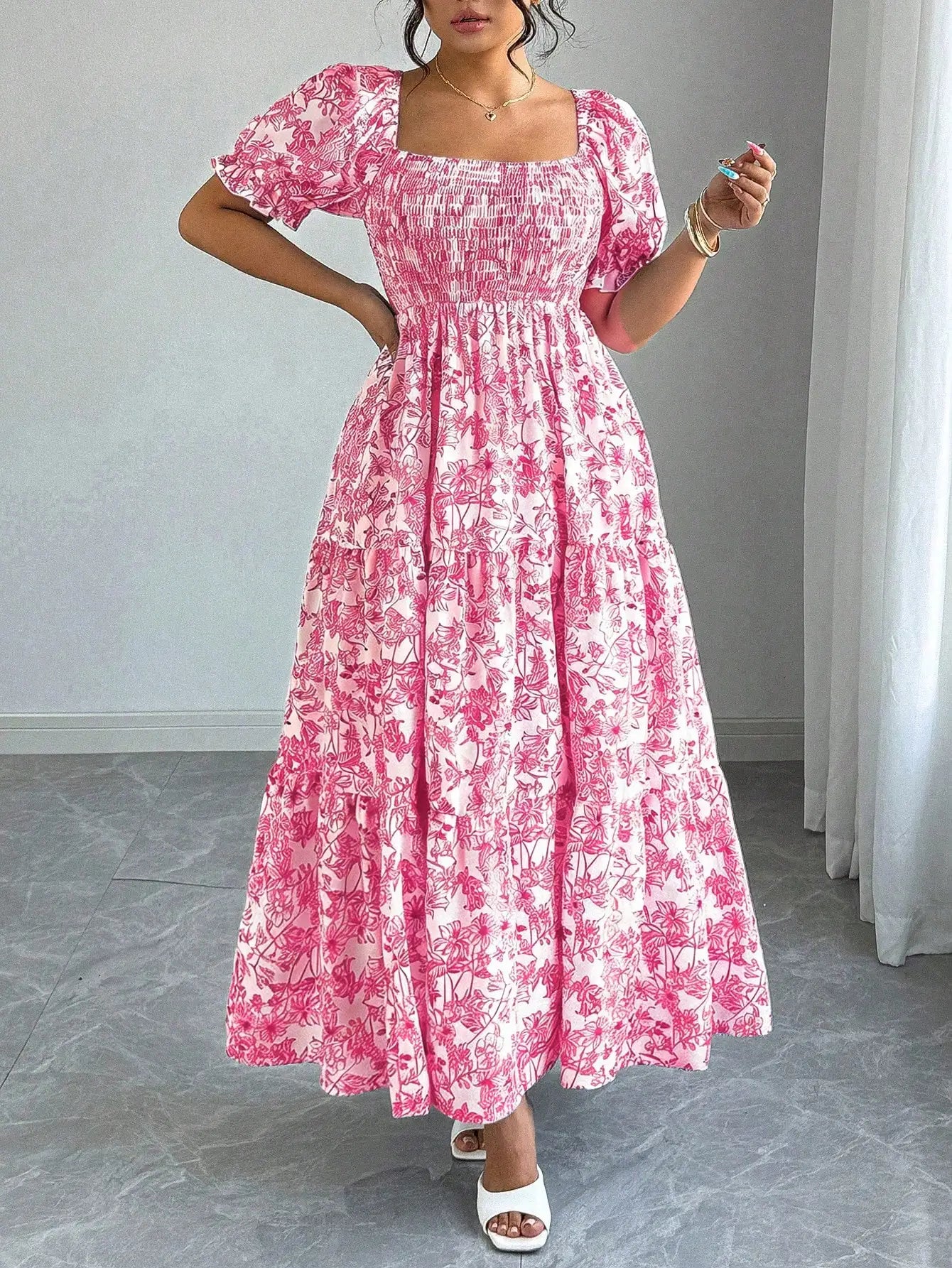 Elegant Square Neck Puff Sleeve Tiered Floral Maxi Dress