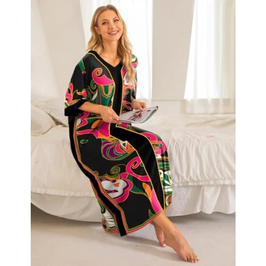 Bloggerlove Women Nightgowns Cotton Caftan House Dress Short Sleeve Sleepwear Vacation Beach Moo Moos Dress with Pockets