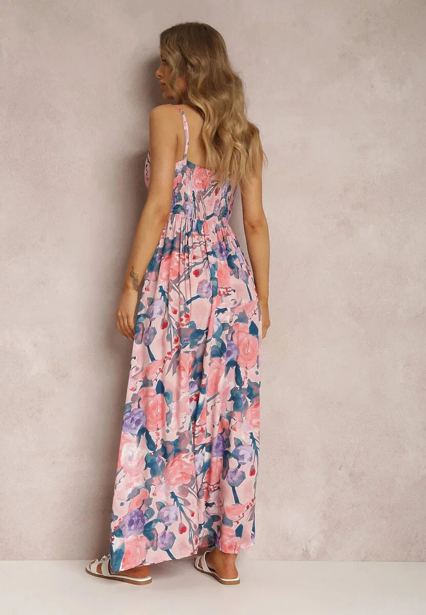 Women Watercolor Floral Print Maxi Dress V Neck Spaghetti Strap Tassel Tie Waist Smocked Back Summer Beach Holiday Casual Long Sundress