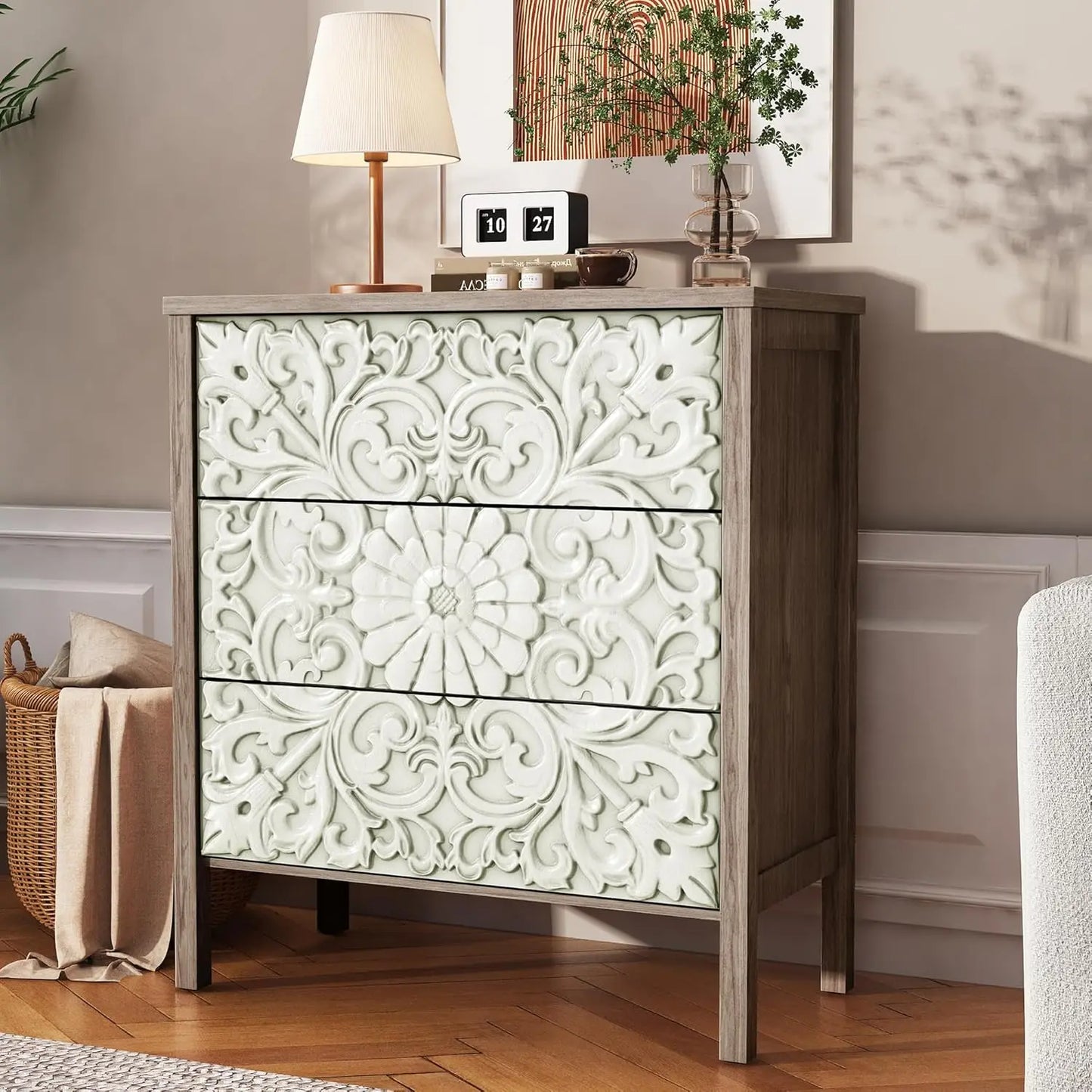 3-Drawer Dresser Chest, Modern Wooden Flower Motif Dressers with Wide Storage Space Chest of Drawers Bedside, Customized