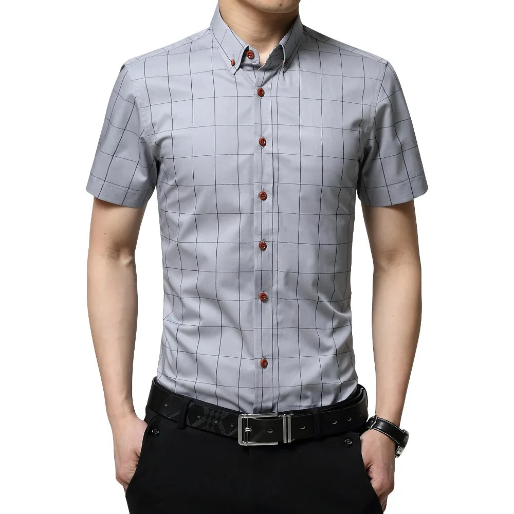 BROWON Men Plaid Short Sleeve Business Casual Shirt