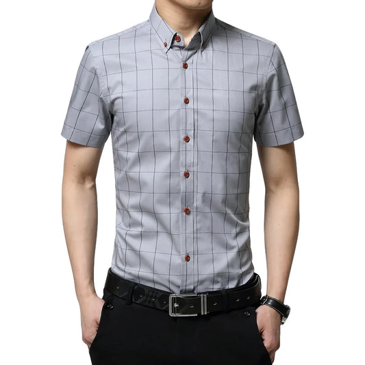 BROWON Men Plaid Short Sleeve Business Casual Shirt
