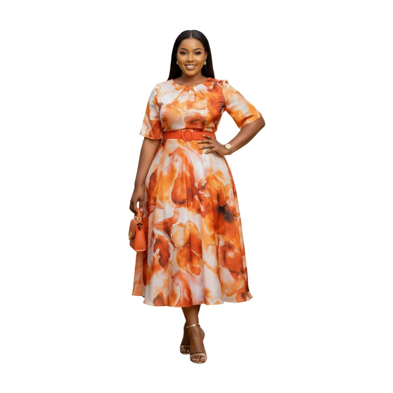 Plus Size Round Neck Short Sleeve Floral Print Midi Swing Dress For Women Wedding Guest Daily Elegant Party Occasions