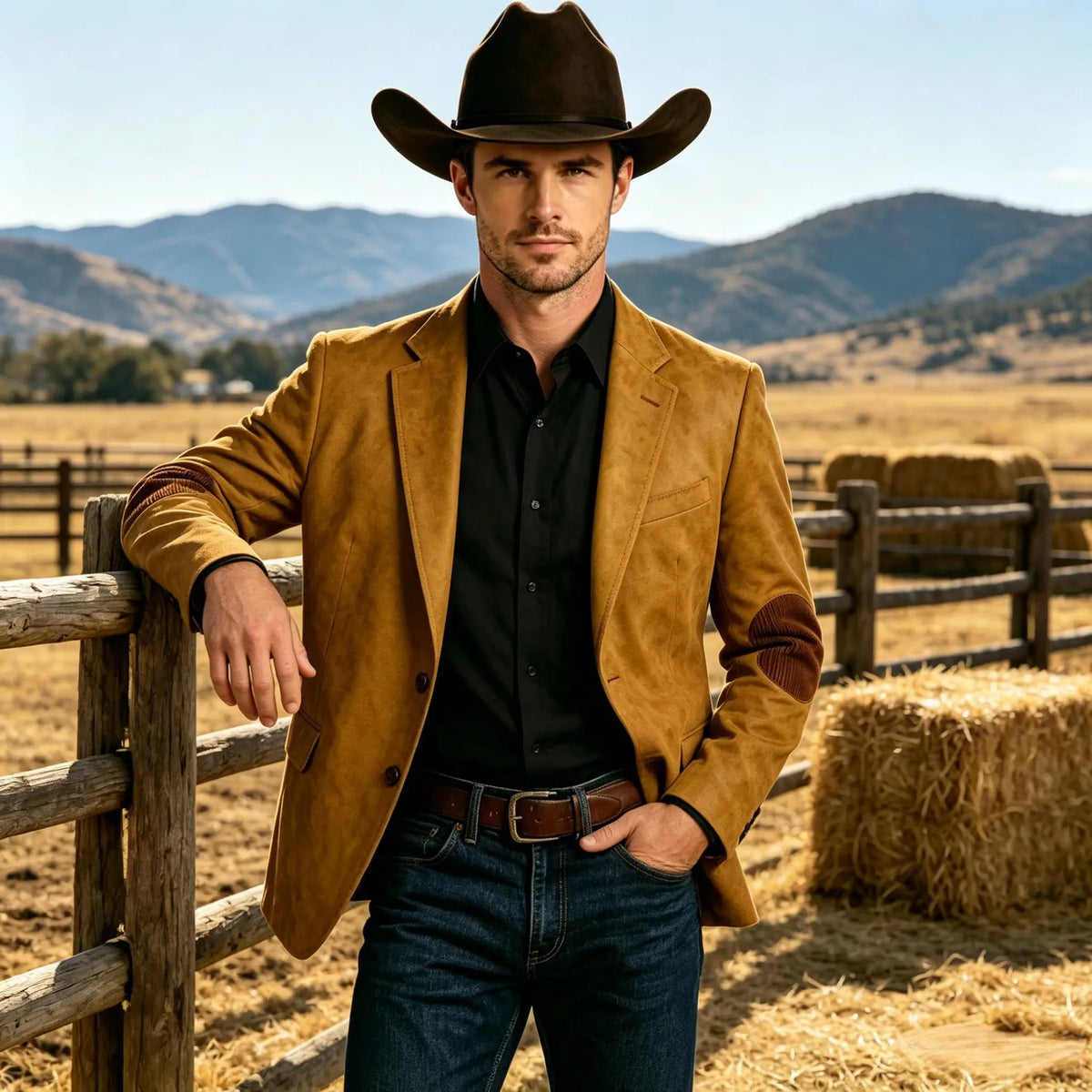 Men's Suede Blazer Western Style Two Button Sport Coat with Elbow Patches Casual Slim Fit Jacket for Business Cowboy Wedding