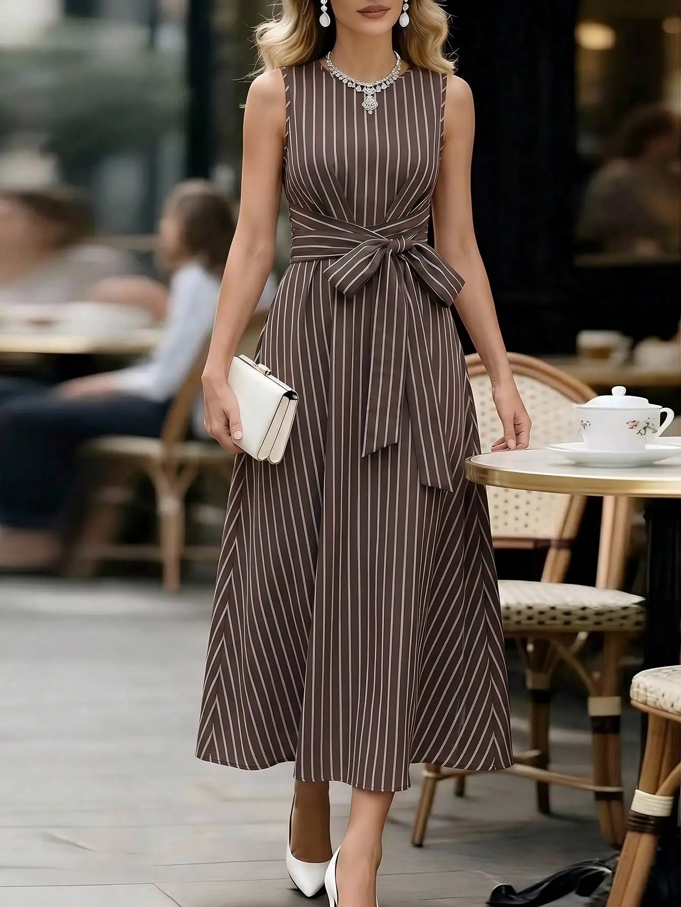 Women's Round Neck Plaid Knotted Waist A-Line Dress For Party Casual Outing