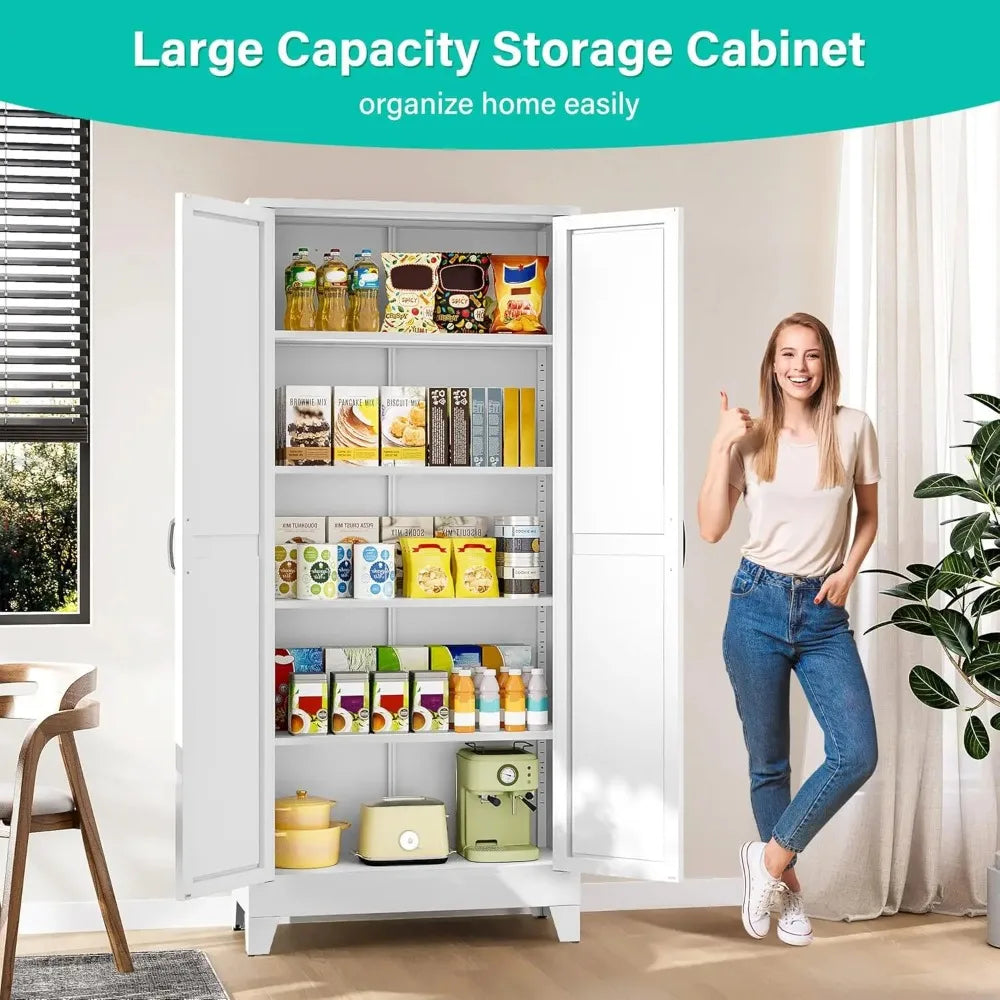 72" Tall Pantry Storage Cabinet with 2 Doors 5 Shelves Farmhouse White Cupboard for Kitchen Bathroom Living Room, Custom