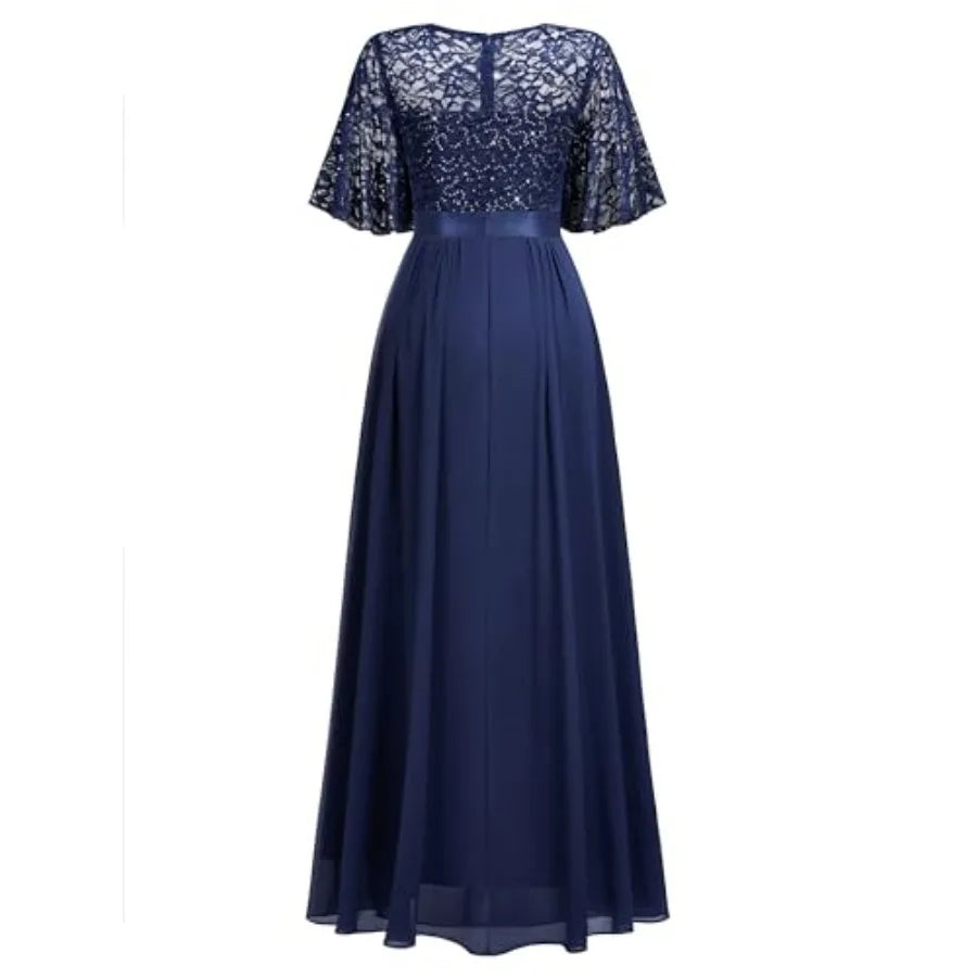 Women's Elegant Sequin Lace Butterfly Sleeve Formal Evening Maxi Dress