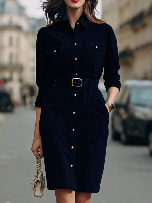 Point Collar Button Front Pocket Shirt Dress For Women Three Quarter Sleeve Belted Waist Knee Length Casual Dress