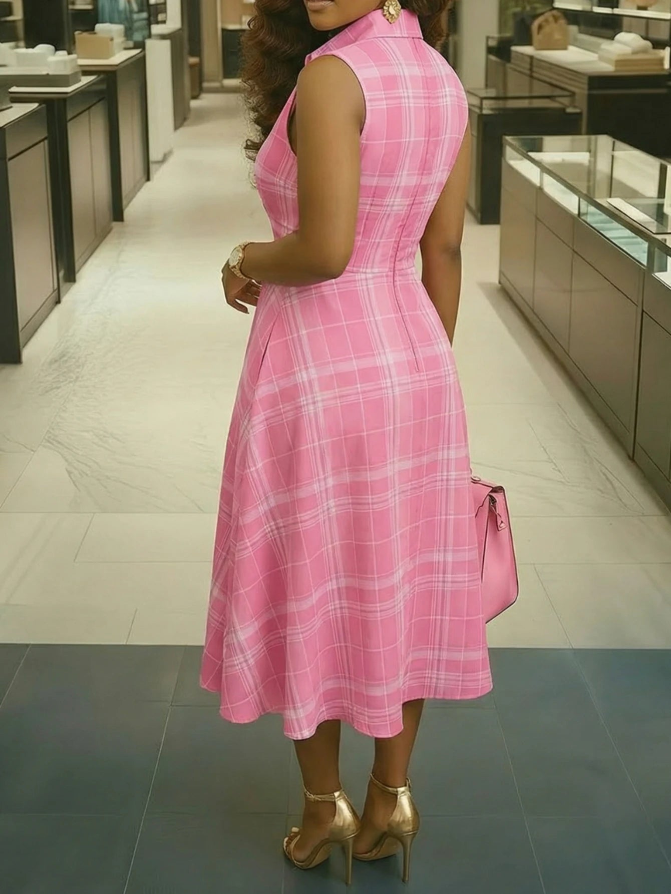 Women Lapel Collar Sleeveless Plaid Print Midi Dress For Shopping Mall Casual Daily And Weekend Vacation Occasion