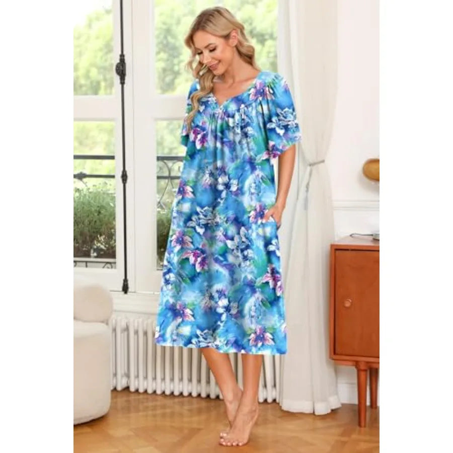 Ekouaer 2 Pack House Dresses for Women with Pockets Short Sleeve Moo Moos Floral Print Mumu Dresses