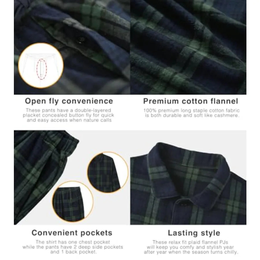 Men's Pajama Set 100% Cotton Flannel Top Long Sleeve and Bottom Pants Plaid Sleepwear PJ Sleepwear Lounge Comfy M79/M95