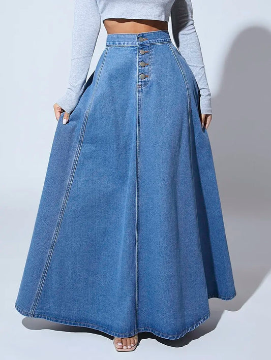 Front Button High-Waisted Denim Maxi Skirt for Women