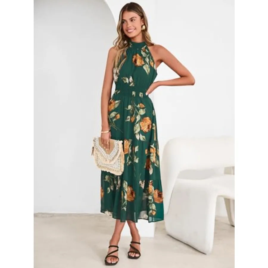 Simplee Womens Summer Halter Wedding Guest Dress Maxi Floral Vacation Boho Sundresses Flowy Formal Long Travel Dresses 2026