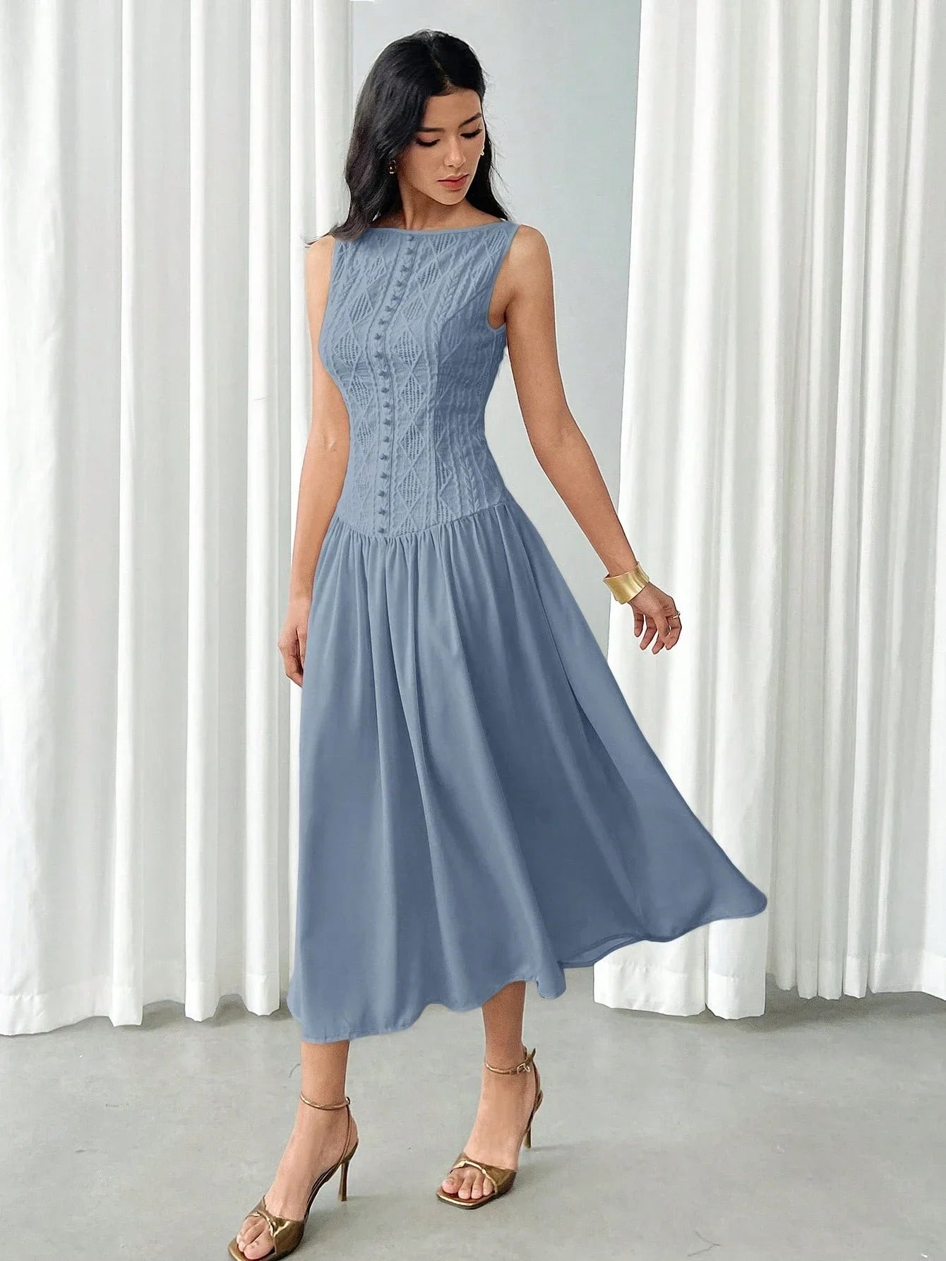 Women's Summer Elegant Solid Color Textured Sleeveless Midi Dress