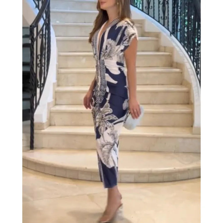 CHICME Summer Dresses for Women Floral Print Plunge V Neck Midi Dress Casual Ruched Slit Bodycon Party Dress