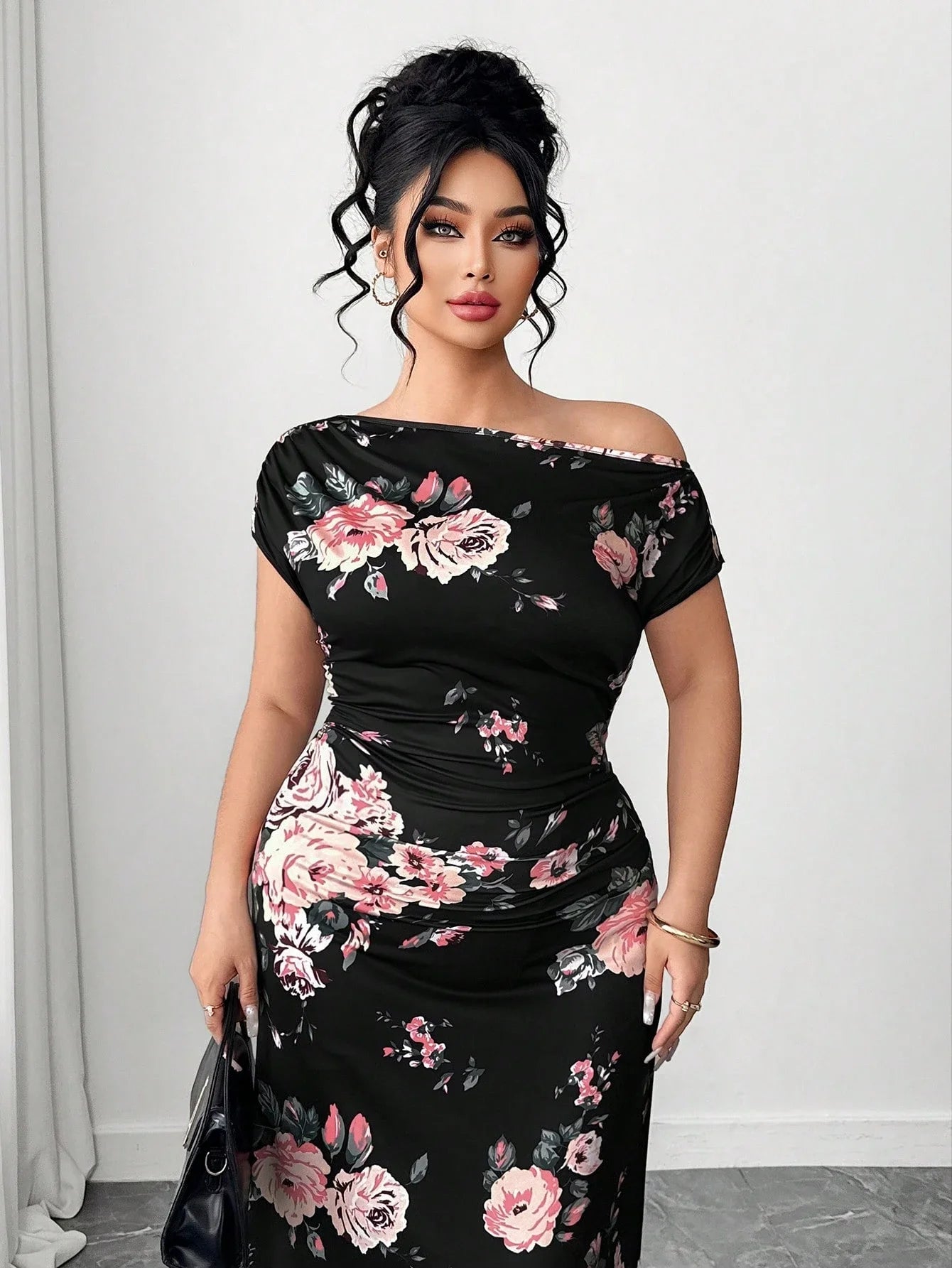 Off Shoulder Floral Print Short Sleeve Floor Length A-Line Dress For Women