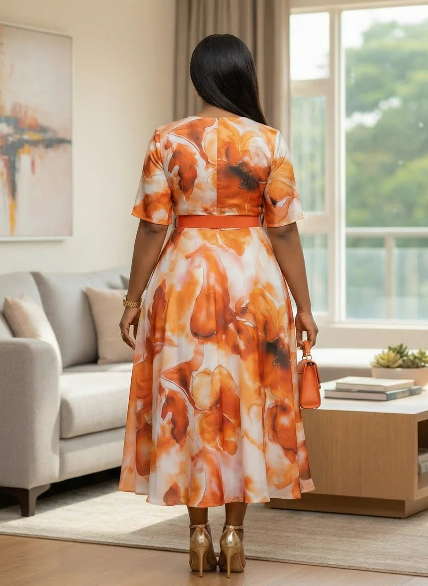 Plus Size Round Neck Short Sleeve Floral Print Midi Swing Dress For Women Wedding Guest Daily Elegant Party Occasions