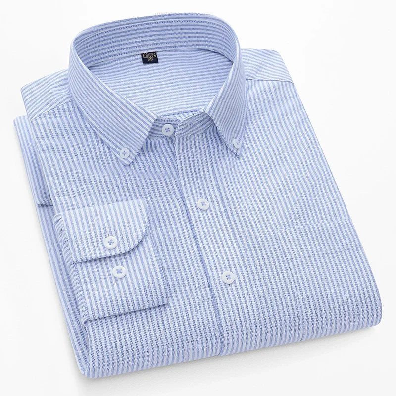 BROWON Men Long Sleeve Cotton Oxford Striped Dress Shirt