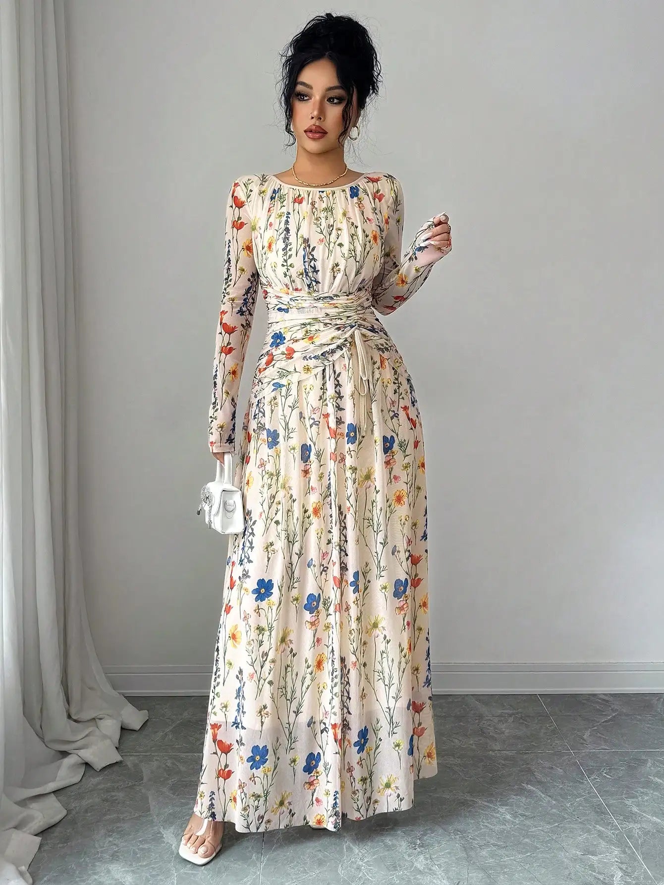 Elegant Floral Print Long Sleeve Maxi Dress With Drawstring Waist