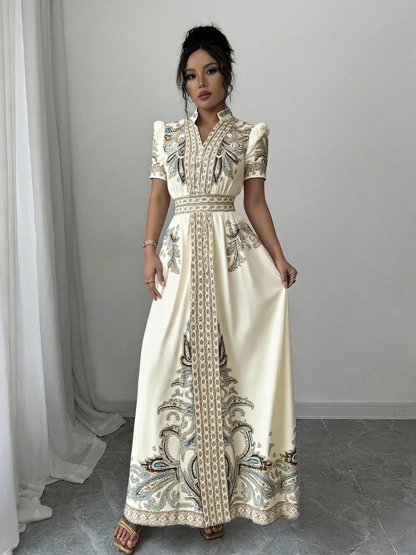 Elegant A-Line Maxi Dress With Puff Sleeve Notched Neck Embroidered Paisley Pattern