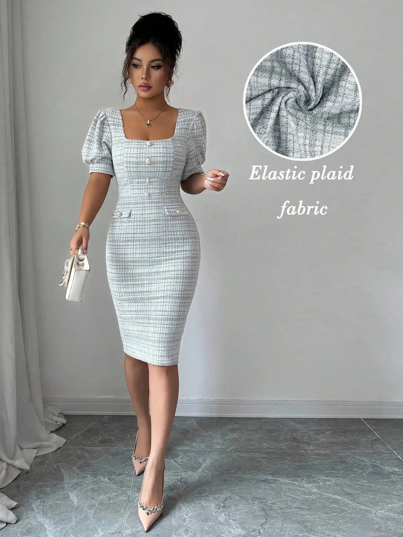 Elegant Plaid Puff Sleeve Square Neck Bodycon Dress For Women
