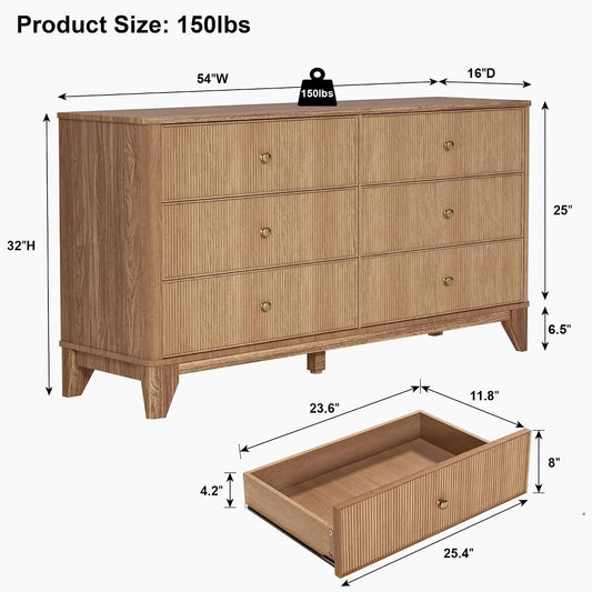 54" Wide Modern Fluted Wooden 6 Drawer Dresser, Multi-Functional Bedroom TV Storage Chest with Smooth Round Corners, Customized