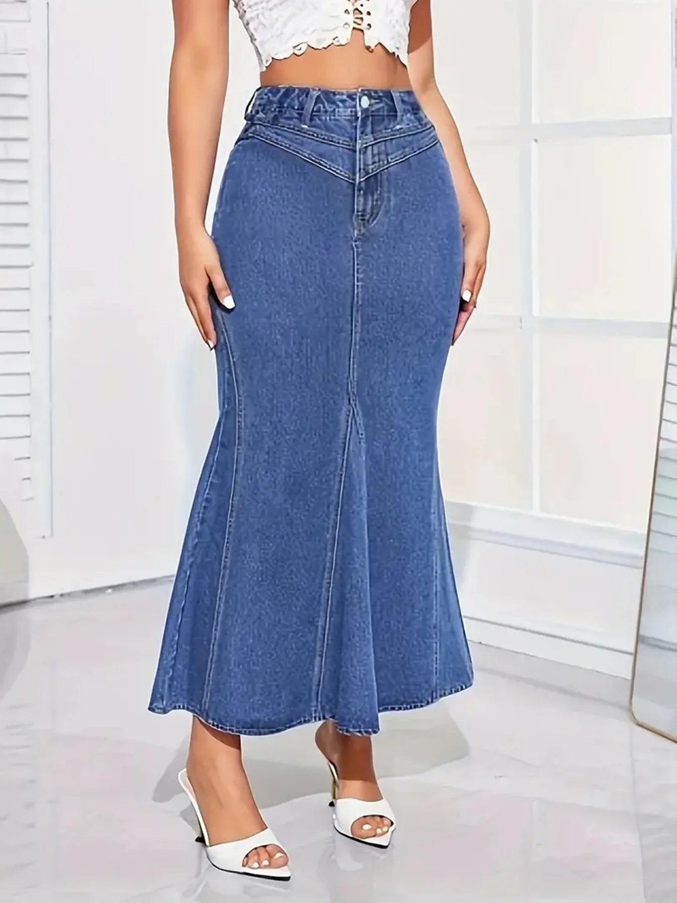 Ladies Retro Fashion Denim Fishtail Skirt, Slim Fit, Mid-Waist, Elastic, Stylish Denim Half Skirt