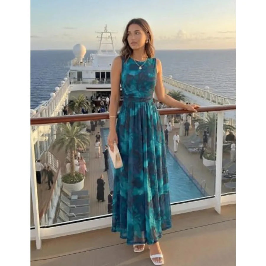 ZESICA Women's Summer Sleeveless Floral Maxi Dress 2026 Casual Crewneck Mesh A Line Flowy Boho Beach Party Long Dresses