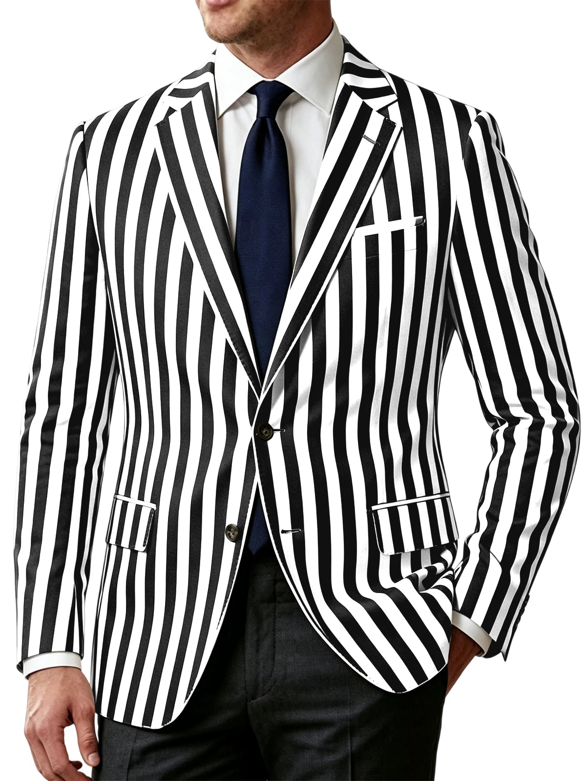 Men's Vertical Striped Blazer Slim Fit Single Breasted Casual Business Sport Coat Lightweight Formal Jacket For Office Wedding
