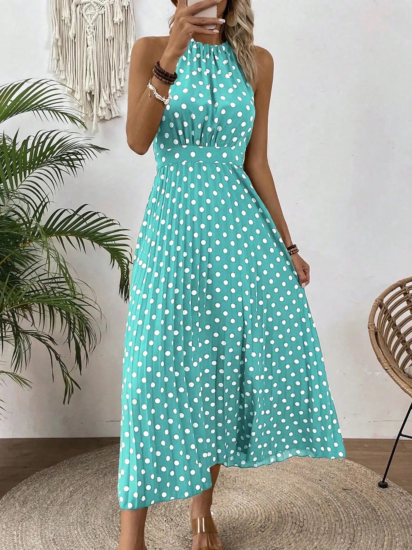 Women Polka Dot Halter Sleeveless Pleated Maxi Dress Beach Vacation Outfit