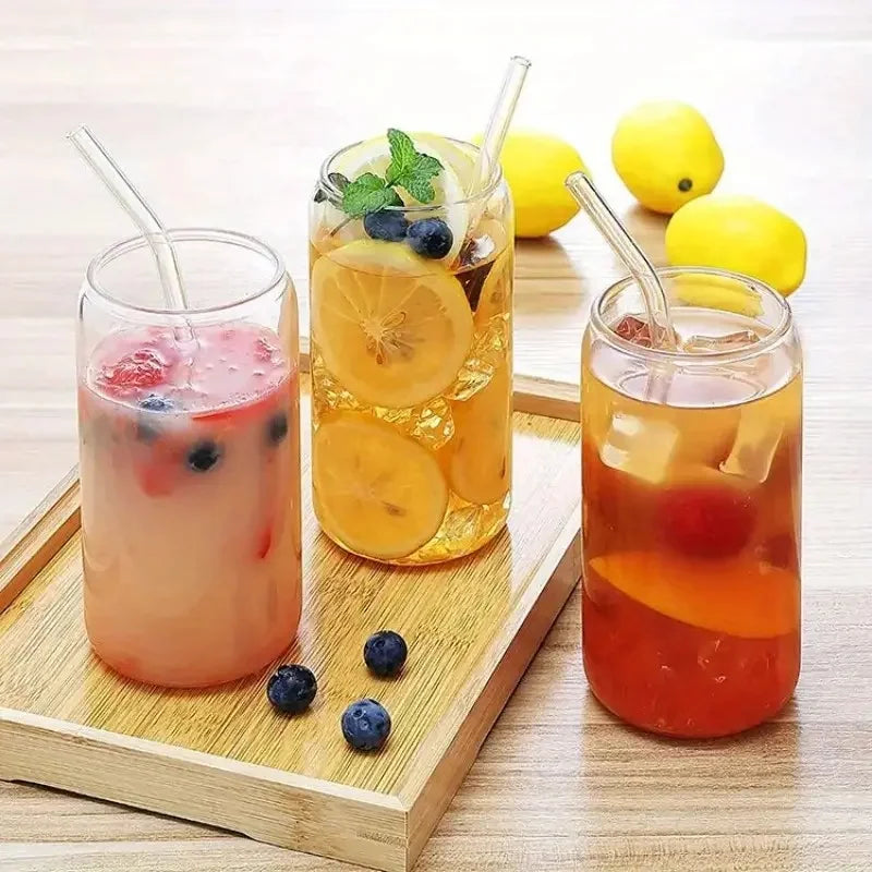 NONEDrinkware Glasses Set With Bamboo Lids And Glass Straws