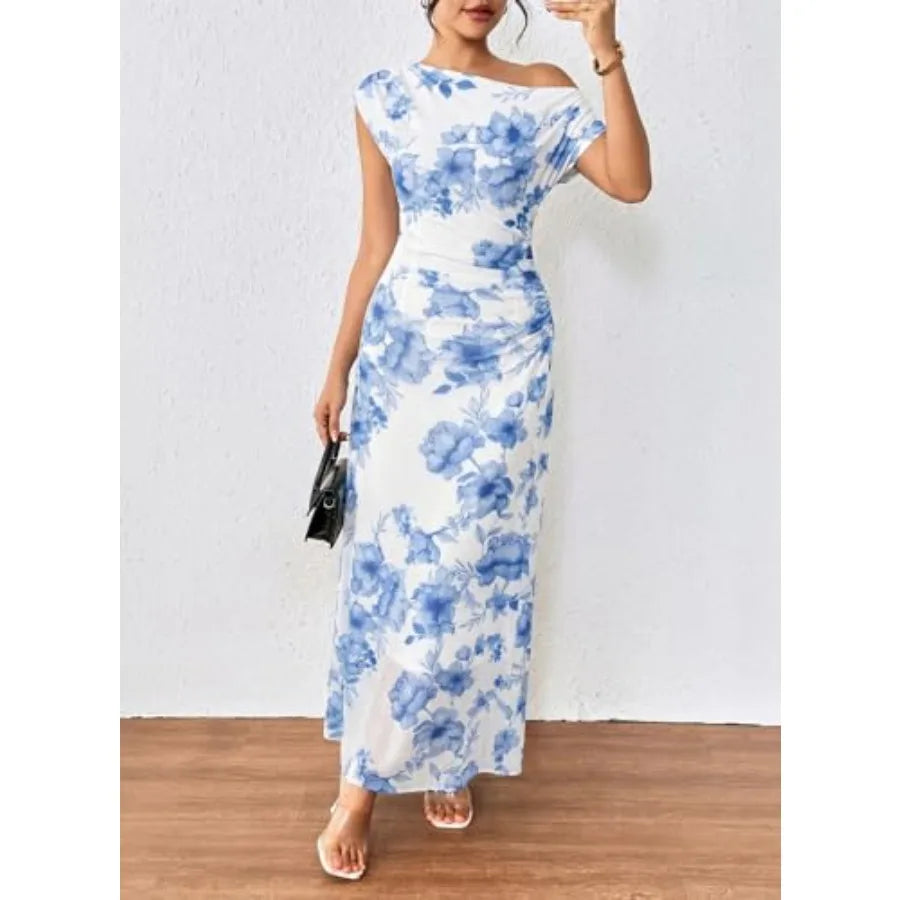 BLENCOT Women's Floral Off Shoulder Maxi Dress Ruched Bodycon Summer Wedding Guest Party Gown