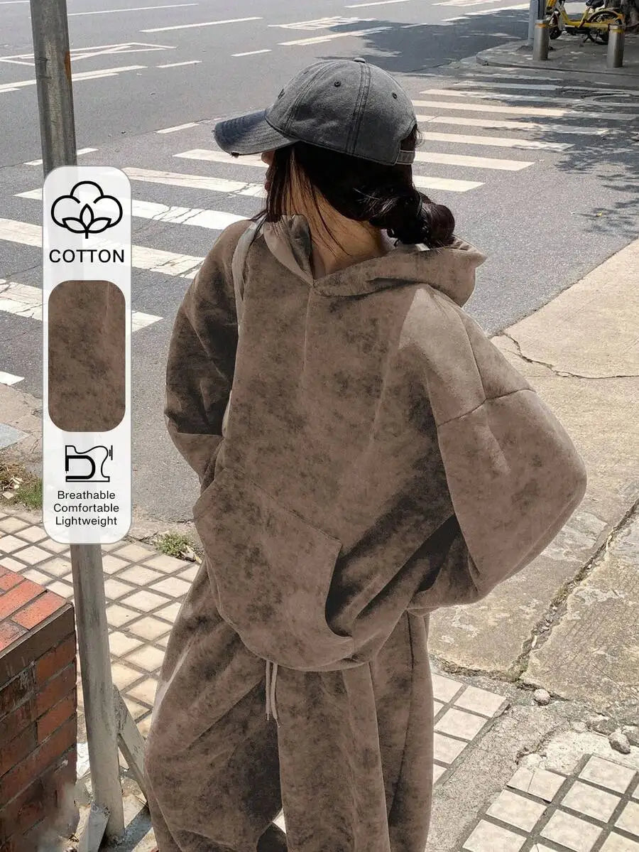 2pcs Set Women Hooded Casual Korean Style Sweatshirt And Loose Sweatpants Tracksuit