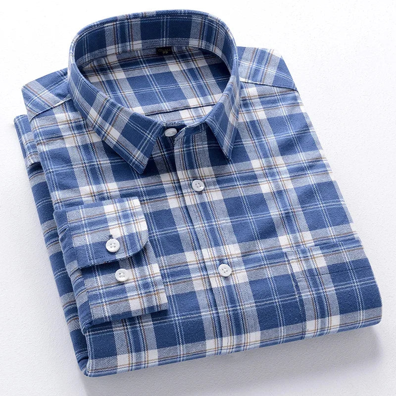 BROWON Men Cotton Plaid Shirt Long Sleeve Slim Fit Business