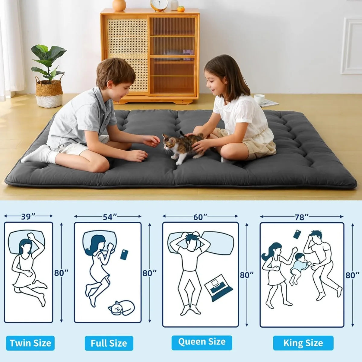 Thick Foldable Japanese Floor Sleeping Pad with Storage Bag Straps for Adults Kids Dorm Guest Camping