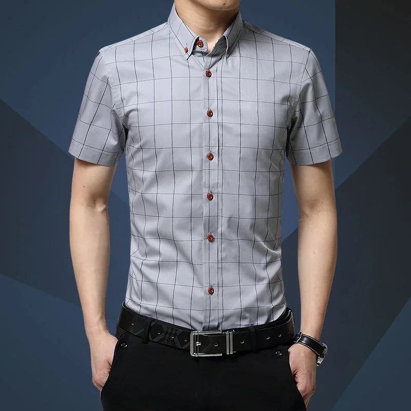 BROWON Men Plaid Short Sleeve Business Casual Shirt