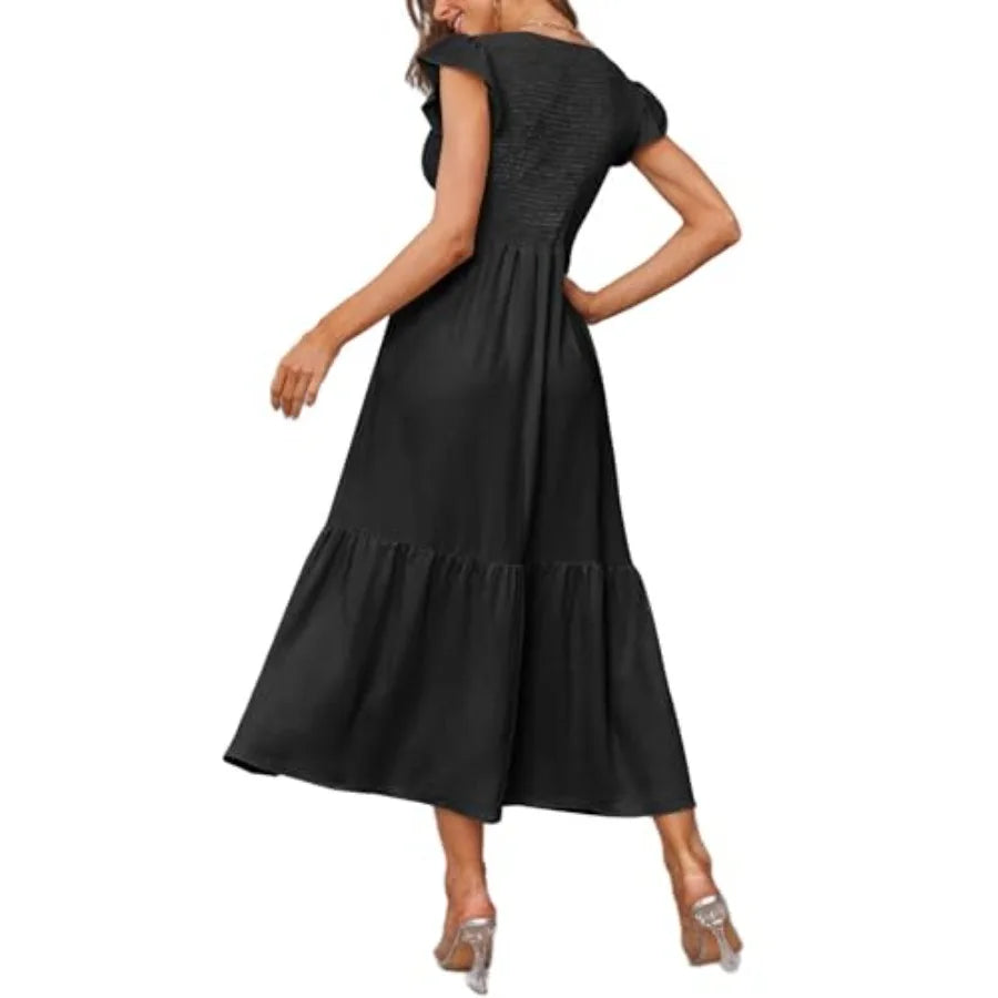 OFEEFAN Women's Casual Maxi Dresses with Pockets Ruffle Sleeve Smocked Dress XS-2XL