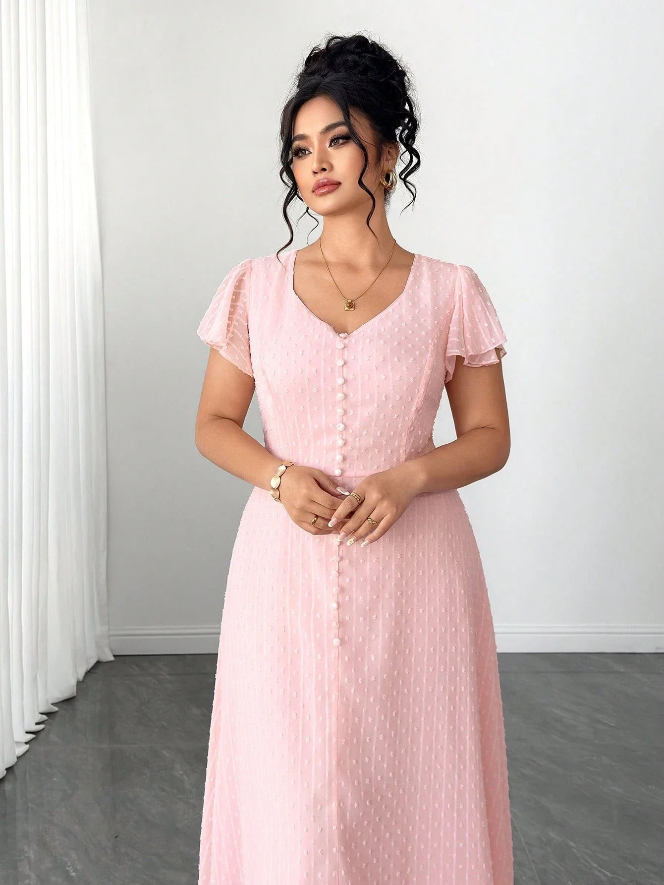 V-Neck Ruffle Sleeve A-Line Midi Dress For Women Spring Autumn