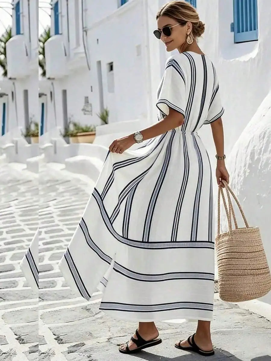 V-Neck Striped Wrap Dress Short Sleeve A-Line Midi Casual Summer Dress