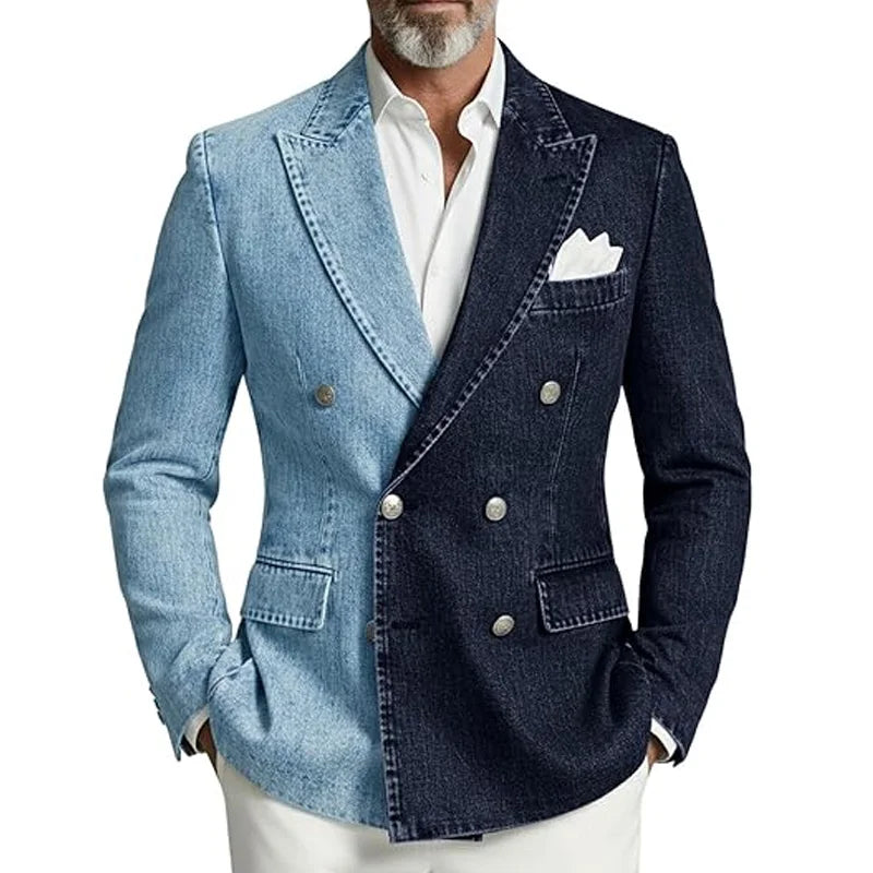 Denim Men's Suit Jacket Double Breasted Peak Lapel Slim Fit Casual Blazer Outing Date Night Trendy Party Fashion Costume Homme