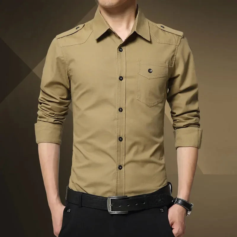 Browon Mens Casual Military Style Epaulet Cotton Shirt