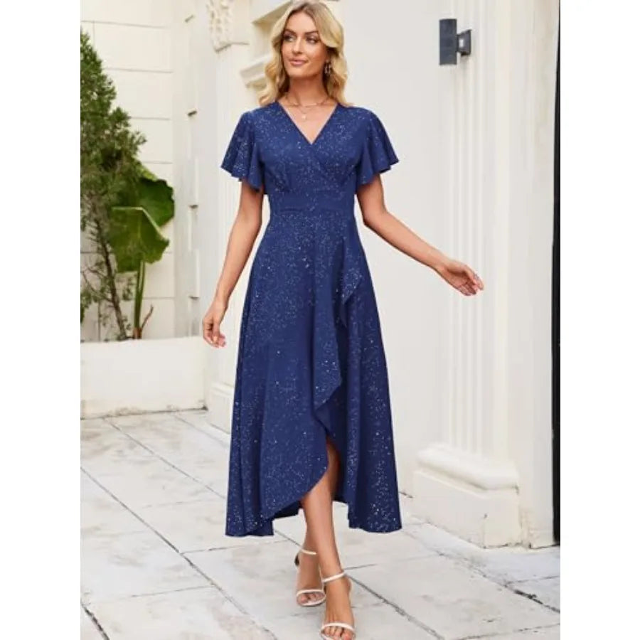 Long Formal Dresses for Women Gowns Evening Party Cocktail Dress, Split Elegant V Neck Wrap Ruffle Wedding Guest Dresses