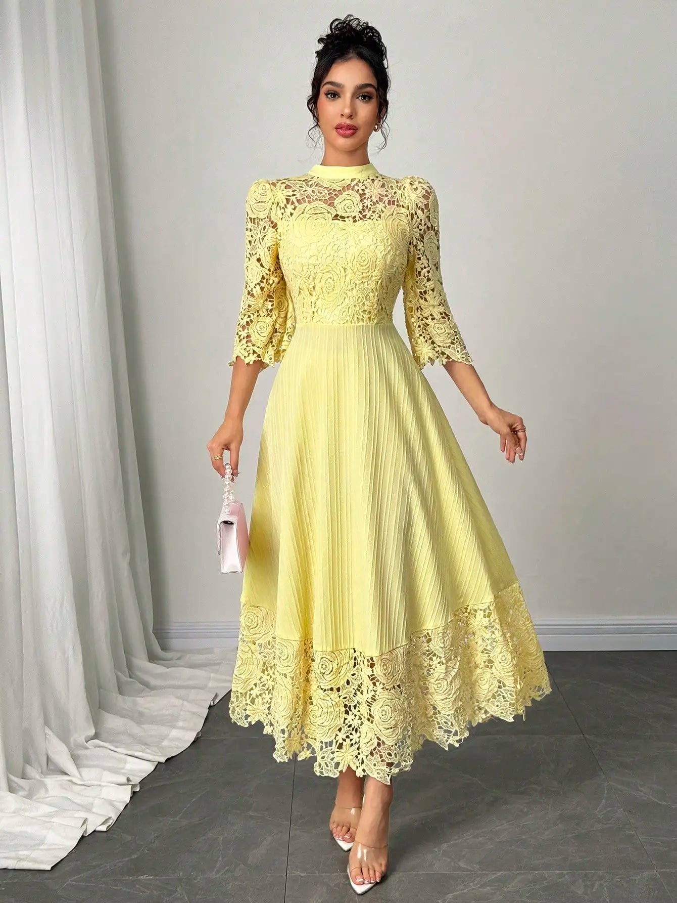 Yellow Lace Embroidered Floral Maxi Dress With Pleated Skirt And Flare Sleeves