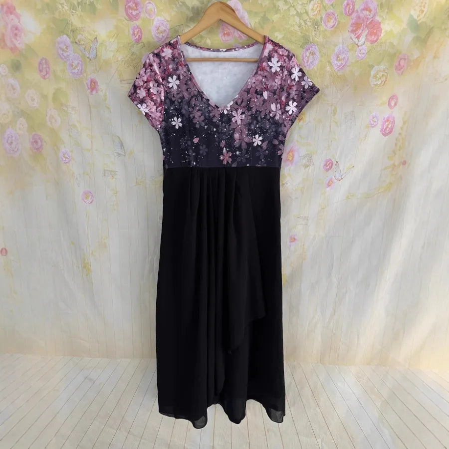 【New style】European and American   women's clothing summer dress sexy print shiny stitching big swing v-neck evening gift A-lin