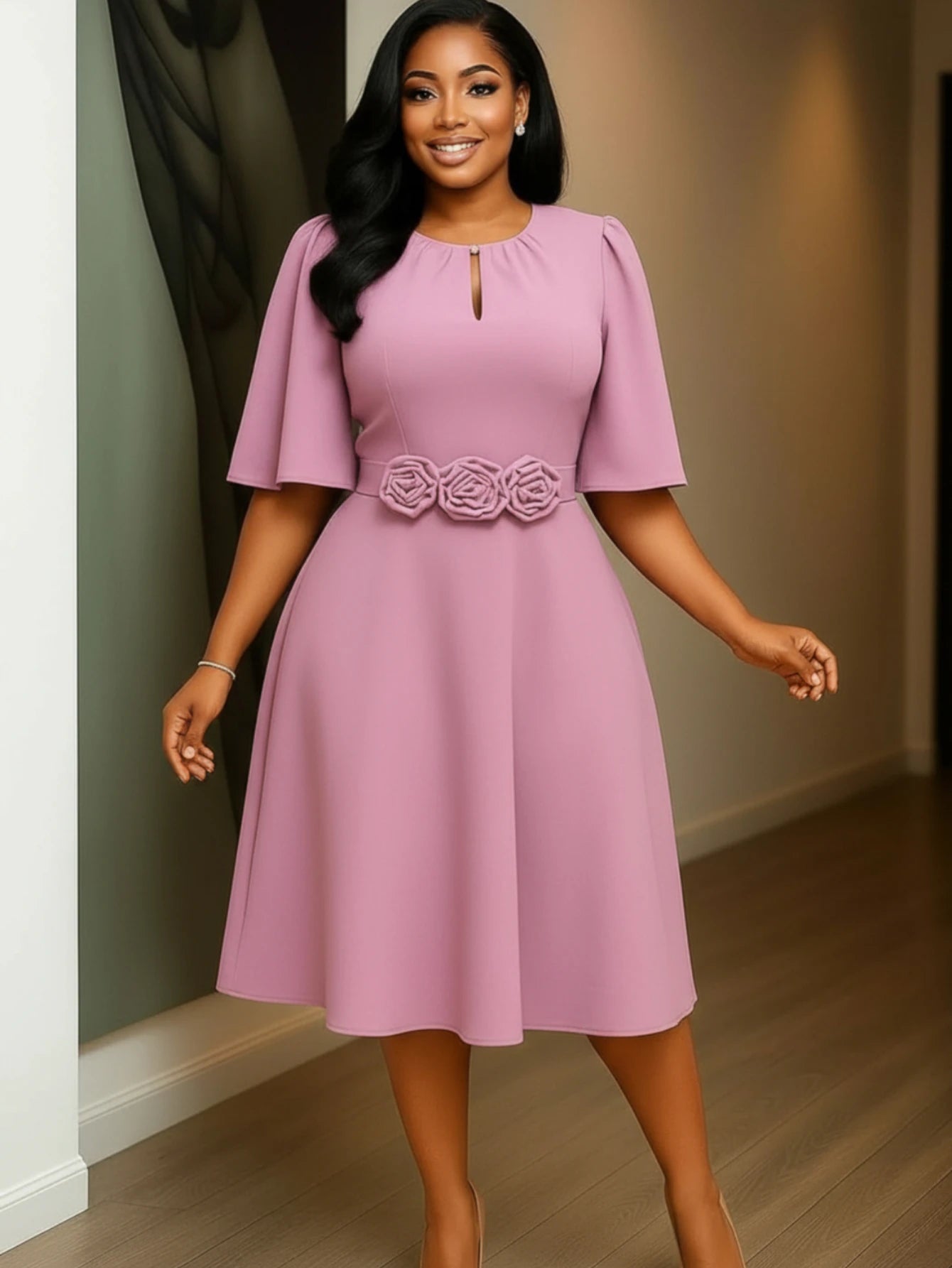 Women's Plus Size Round Neck Keyhole Flutter Sleeve Midi Dress, 3D Floral Waist Decor Swing A‑line Formal Party Dress