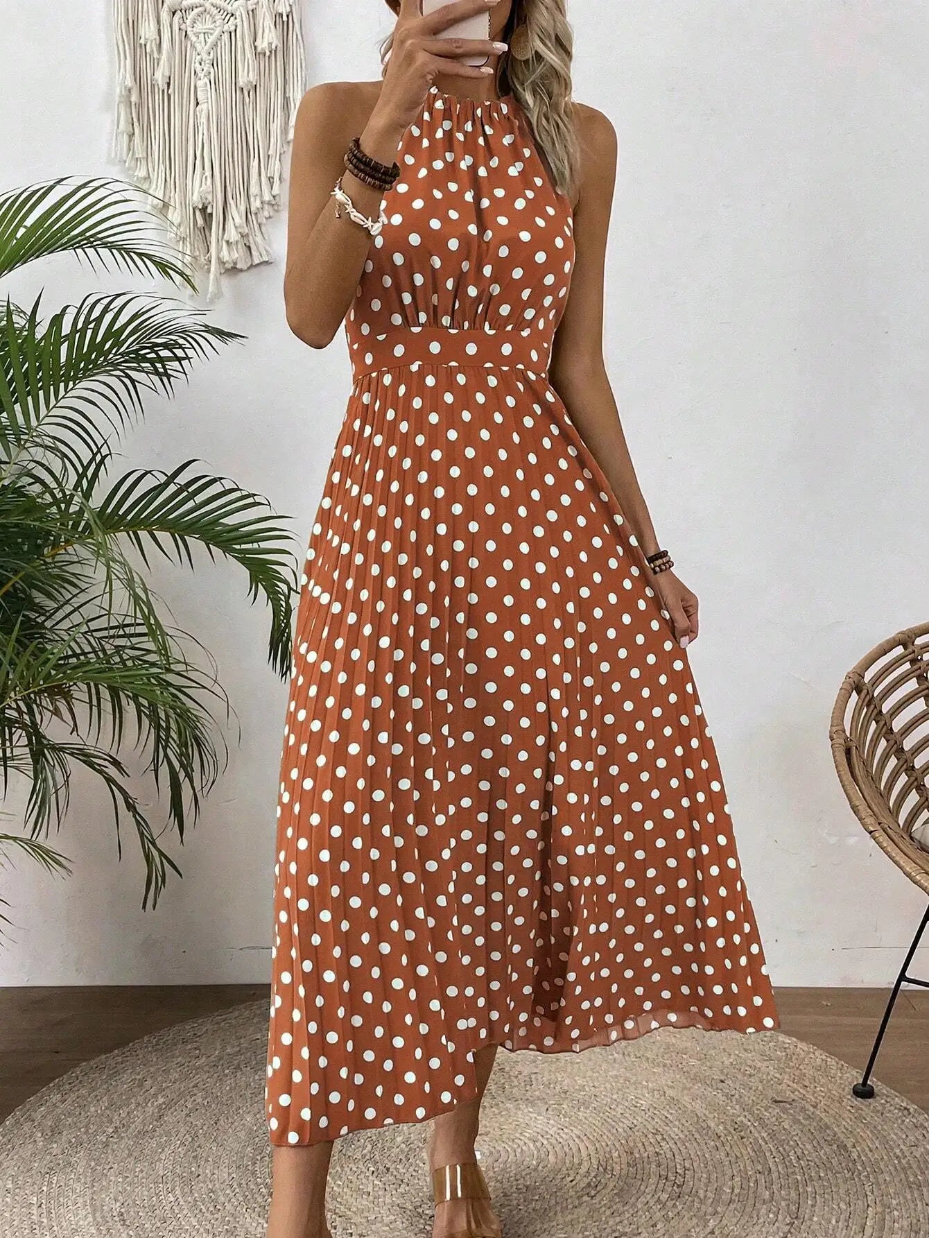 Women Polka Dot Halter Sleeveless Pleated Maxi Dress Beach Vacation Outfit